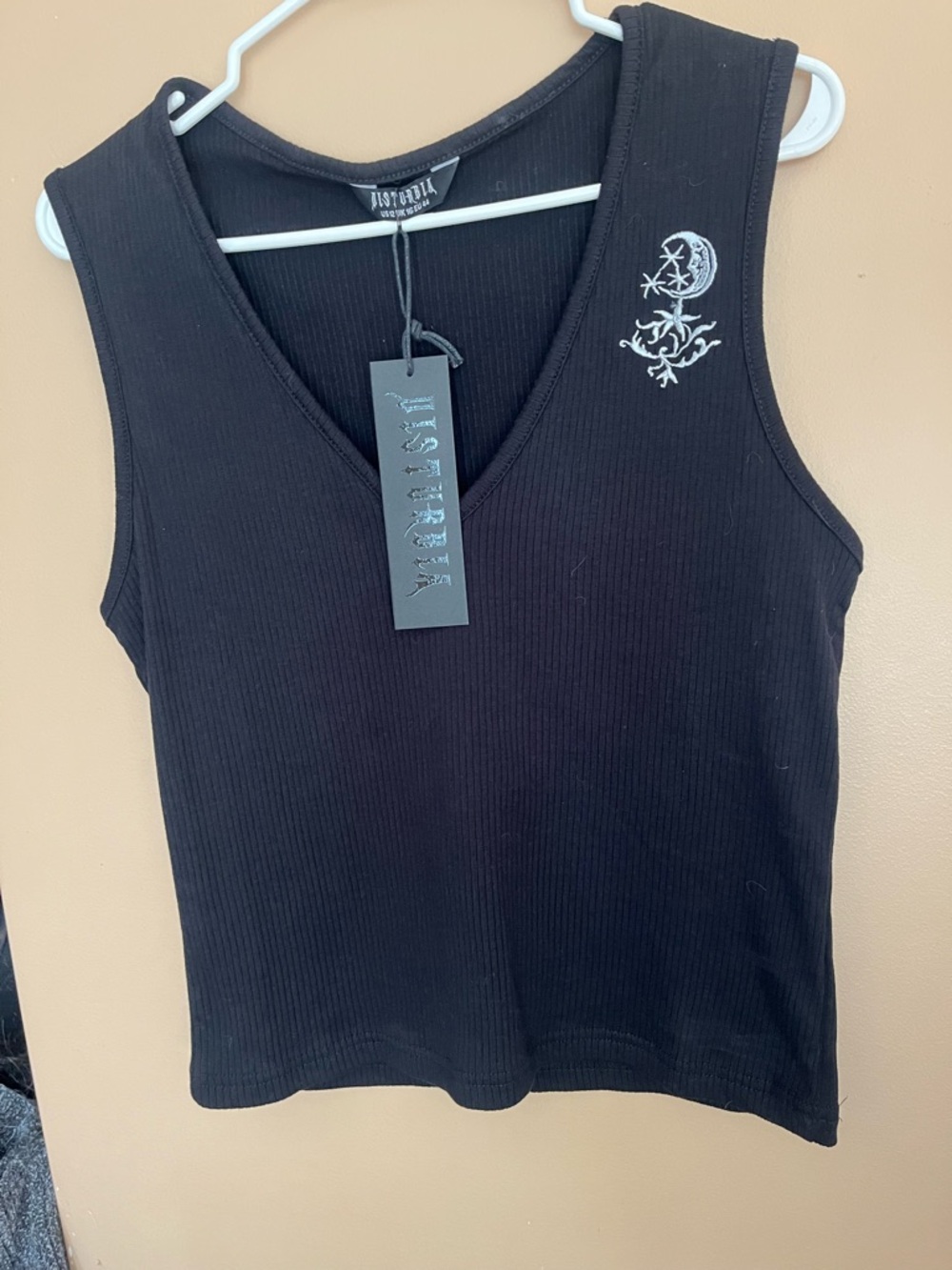 Disturbia Black Ribbed V-Neck Tank with Moon Design Size 12 NWT